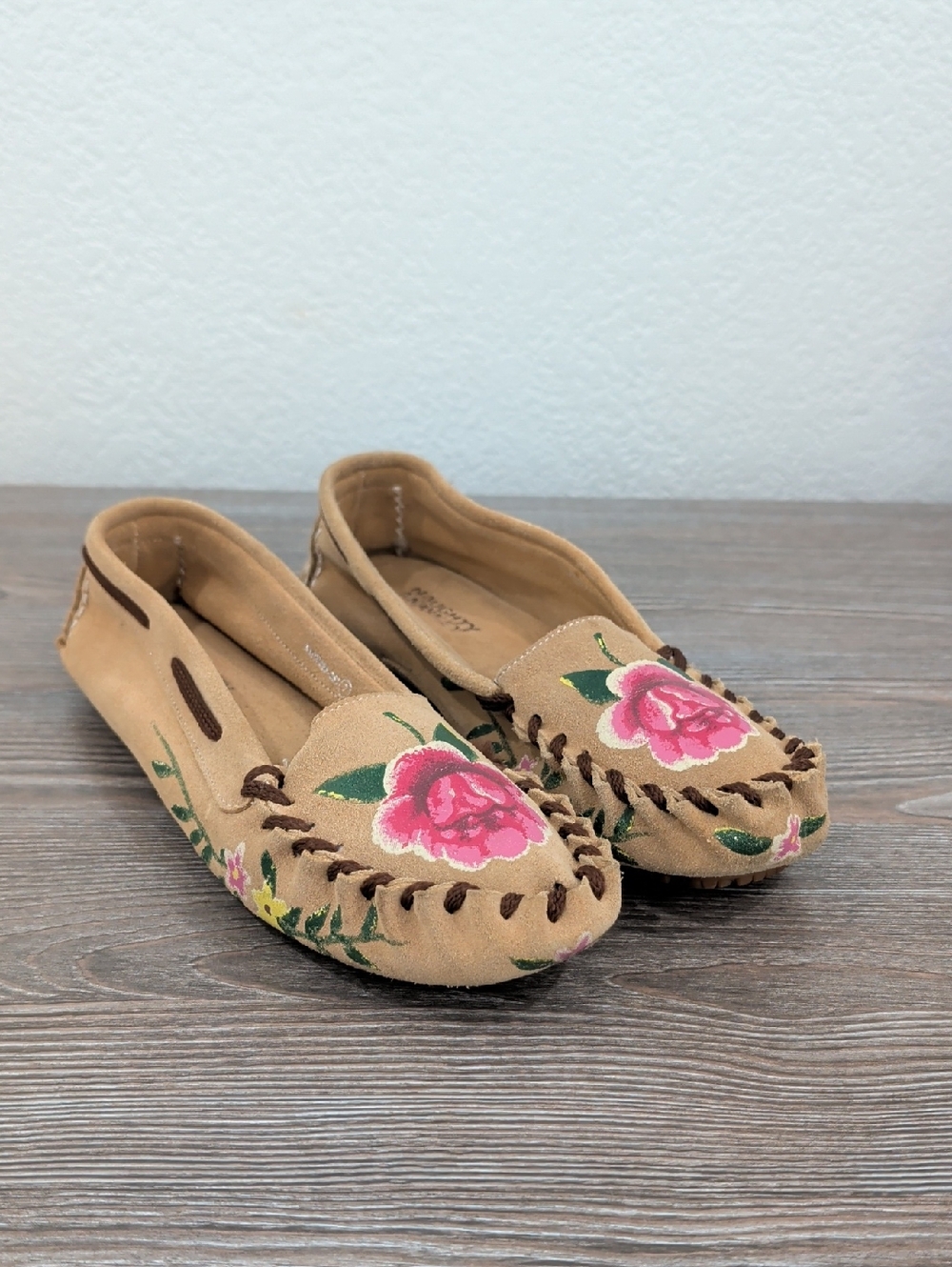 Naughty Monkey Driving Mocs Moccasins Painted Suede Leather 7 Pink Flowers